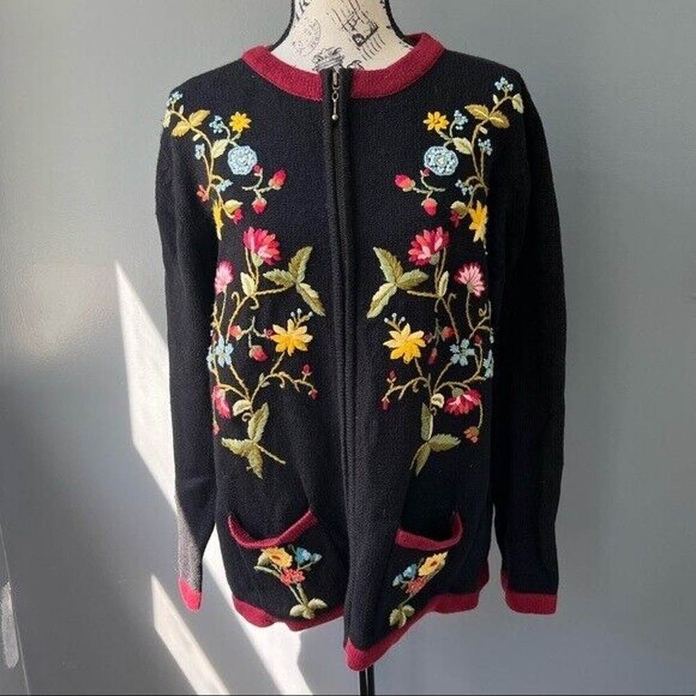 Vintage Stitches in time floral zip up knit sweater with pockets Grannycore